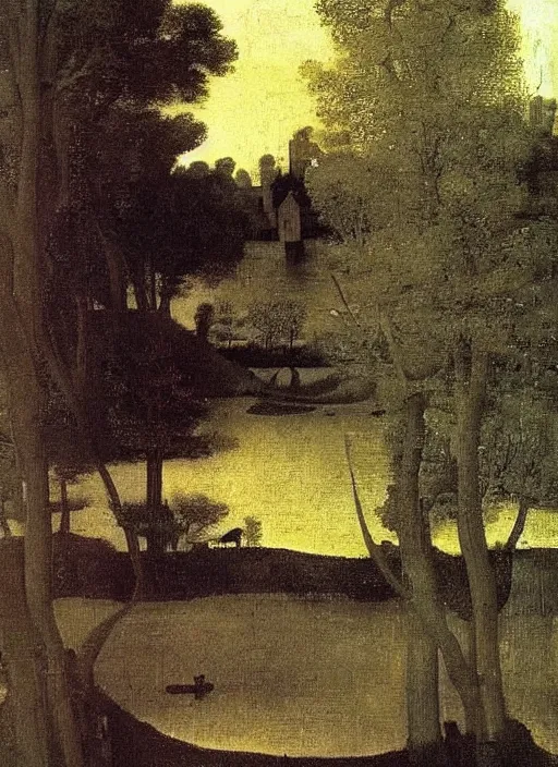 Image similar to unknown being in the river, the body seemed to dissolve in water. silver scales, splashed a pointed fin. The water broke ahead obeying the movement of a strong being. medieval painting by Jan van Eyck, Johannes Vermeer, forest