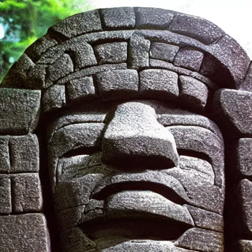 Image similar to imposing olmec head carved into a mossy stone wall with ornate incan patterns, pixelated screenshot from 1990s adventure video game in MS-DOS