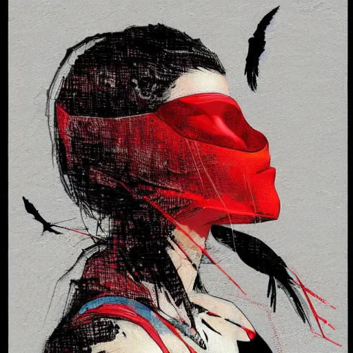 Prompt: portrait of a daydreaming latina woman in a red hood being progressively rasterized into pixels, surrounded by digital birds, by yoji shinkawa, esao andrews and dave mckean