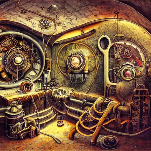 Image similar to surrealist landscape, inside steampunk ant citya, painting, highly detailed