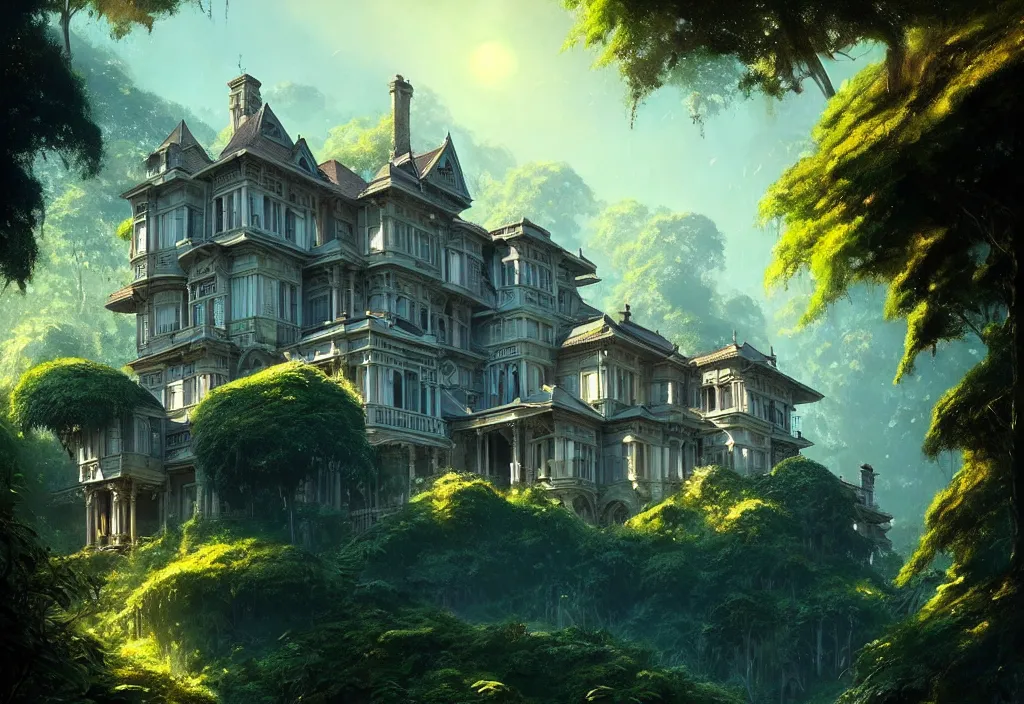 Prompt: a victorian mansion on a hillside surrounded by jungle, clear blue sky, cinematic view, concept art, high detail, well lit, volumetric, godrays, vivid, trending on artstation, by jordan grimmer, art greg rutkowski