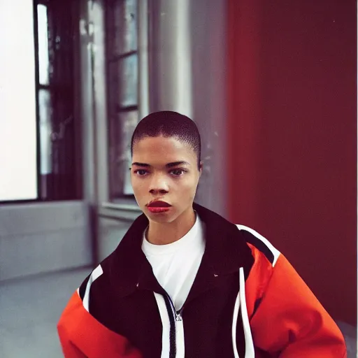 Image similar to realistic! photoshoot for a new balenciaga lookbook, color film photography, portrait of a beautiful woman wearing a track suit, photo in style of tyler mitchell, y2k!!!, 35mm lens