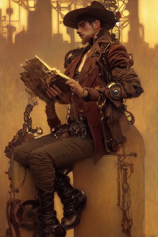 Image similar to attractive man, steampunk style, painting by gaston bussiere, craig mullins, greg rutkowski, alphonse mucha