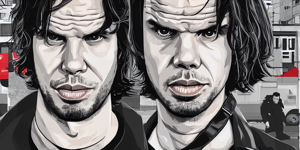 Prompt: Orelsan in a GTA V loading screen, symmetrical face, in the style of Stephen Bliss, trending on artstation