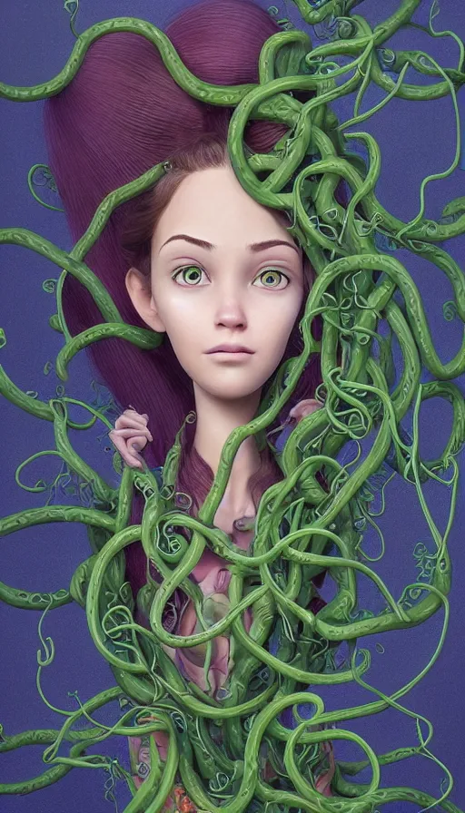 Image similar to very detailed portrait of a 2 0 years old girl surrounded by tentacles, the youg woman visage is blooming from fractal and vines, by pixar concept artists