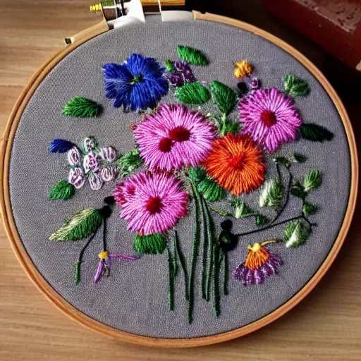 Prompt: a tiny beautiful handmade embroidery of flowers with smiling faces. hand embroidery.