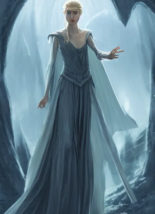 Prompt: beautiful radiant elizabeth debicki as galadriel, lord of the rings, lotr fanart, trending on artstation, character art, the hobbit, digital painting, concept art, smooth, sharp focus, illustration, art by artgerm and greg rutkowski, directed by peter jackson,