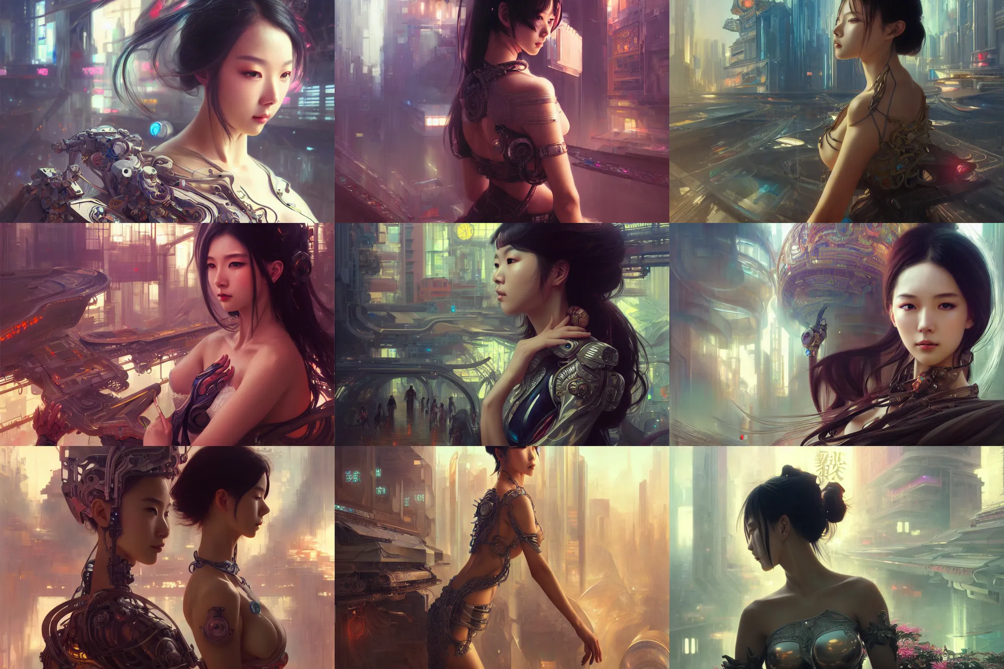 Prompt: ultra realistic beautiful futuristic kowloon techno art, beautiful alluring anime woman, gorgeous face and figure, sci - fi, fantasy, intricate, elegant, highly detailed, digital painting, artstation, concept art, smooth, sharp focus, illustration, art by tian zi and yuxiang chen and alphonse mucha and greg rutkowski