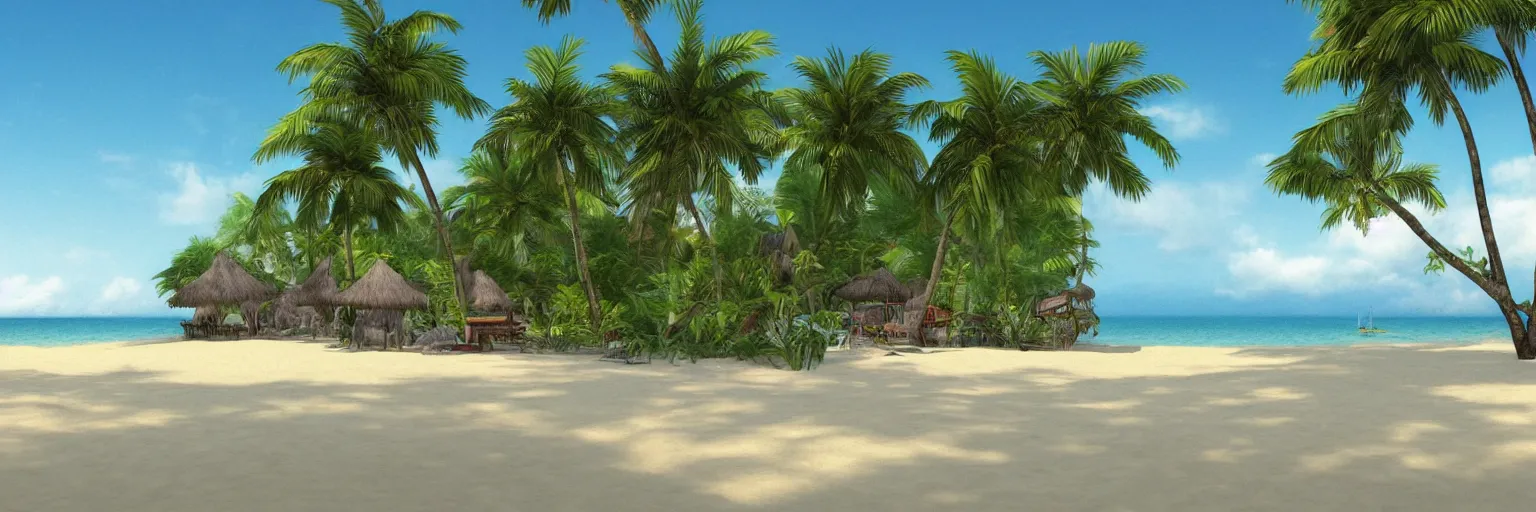 Prompt: Rendering of a tropical beach scene