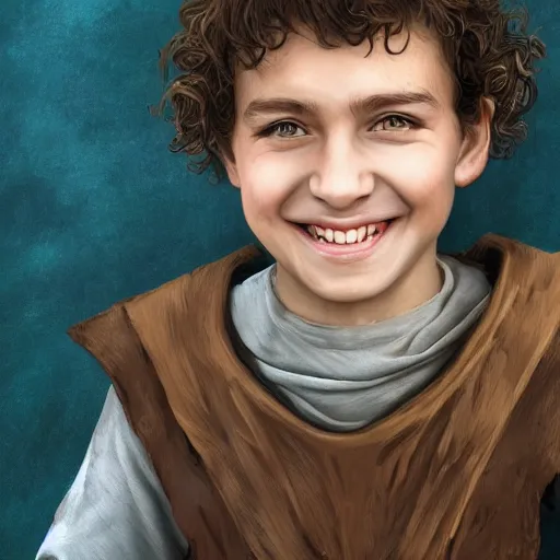 Image similar to a detailed portrait of a medieval ten year old boy smiling, he has short curly brown hair, brown eyes and white skin, fantasy art illustration, incredibly highly detailed and realistic, 8 k, sharp focus