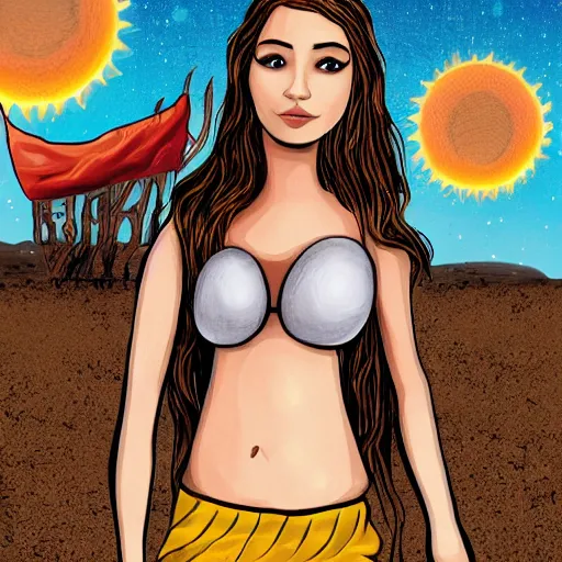 Image similar to illustration of a short but curvaceous El Salvadorian woman names Sarah with long brown hair and brown eyes. Her face had complex deep intriguing shamanic patterns within it. She stands in front of a solar Punk post apocalyptic scene