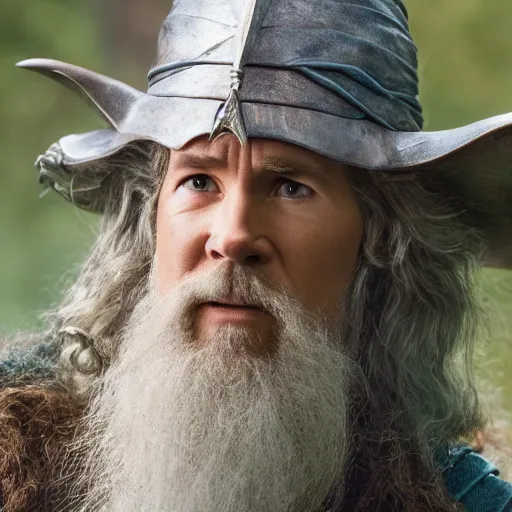 Image similar to Ryan Reynolds as Gandalf the wizard, highly detailed, high quality, HD, 4k, 8k, Canon 300mm, professional photographer, 40mp, lifelike, top-rated, award winning, realistic, sharp, no blur, edited, corrected, trending
