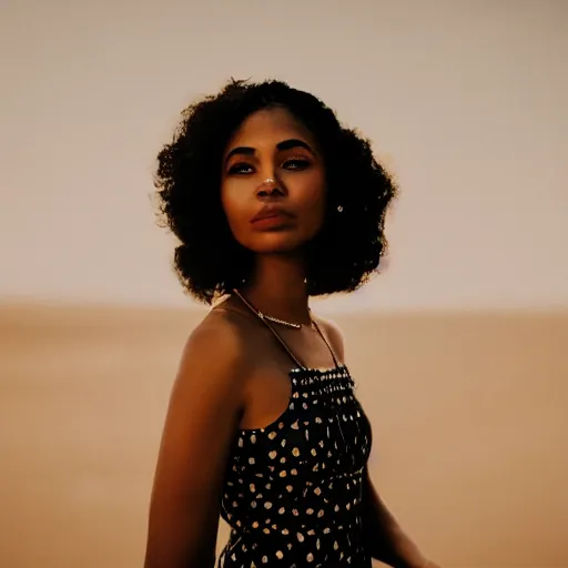 Image similar to portrait photograph of an elegant black woman wearing a sundress in Santa Monica. super resolution. 85 mm f1.8 lens.bokeh.graflex. Alessio albi