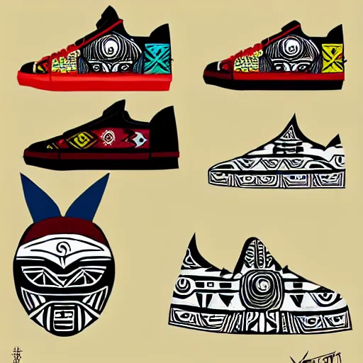 Image similar to sneaker design concept art, aztec mayan street fashion native punk sneaker design, majora's mask, wearing wooden mask, hip hop sneaker design with subtle mayan patterns, gapmoe yandere grimdark, trending on pixiv fanbox, painted by greg rutkowski makoto shinkai takashi takeuchi studio ghibli, akihiko yoshida