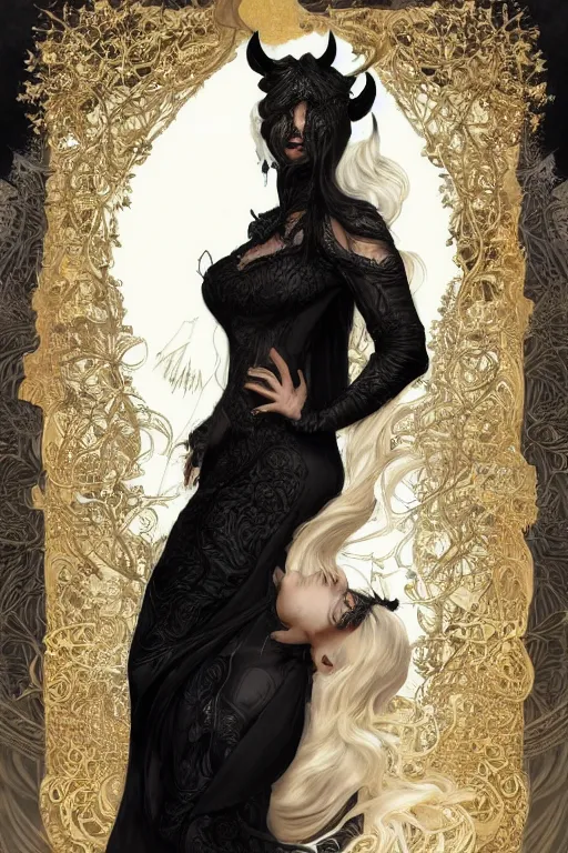 Prompt: fullbody!! of a beautiful woman with white hair, big natural horns on her head, long flowing intricate black lace dress, gold jewellery, dnd, face, fantasy, intricate, elegant, highly detailed, digital painting, artstation, concept art, smooth, sharp focus, illustration, art by artgerm and greg rutkowski and alphonse mucha