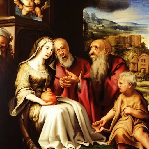 Prompt: a highly realistic oil painting of our lady sitting on her knees with the child god. Saint Anne is also sitting and offers a pear to the child., One bishop and a Franciscan monk appear in the scene adoring the holy family, Painted in the style of Rubens