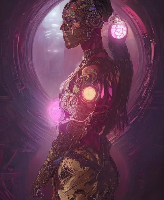 Image similar to portrait of a cyberpunk masked evil, half body, glowin eyes, d & d, fantasy, intricate, elegant, highly detailed, colorful, vivid color, digital painting, artstation, concept art, art by artgerm and greg rutkowski and alphonse mucha and ruan jia