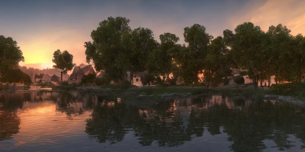 Prompt: a serene landscape with a medieval village near a lake at sunset, soft lighting, path tracing, complementary colors, calm, natural lighting, high quality, 4k, low contrast, highly detailed, octane render, unreal engine 5