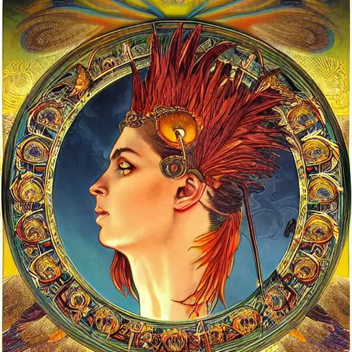 Prompt: portrait of Phoenix the mighty immortal bird made with burning feathers by Jeff Easley and Peter Elson + beautiful eyes, beautiful face + symmetry face + border and embellishments inspiried by alphonse mucha, fractals in the background, galaxy + baroque, gothic, surreal + highly detailed, intricate complexity, epic composition, magical atmosphere + masterpiece, award winning + trending on artstation