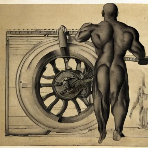 Image similar to a muscular bald man carrying engines on his back, technical diagram