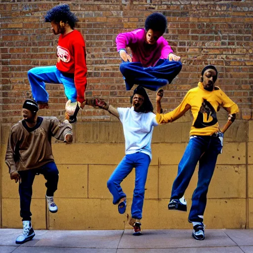 Prompt: photo of four breakdancers battling in the bronx in 1984 by Janette Beckman, gritty, energetic, hyperrealistic, trending on artstation