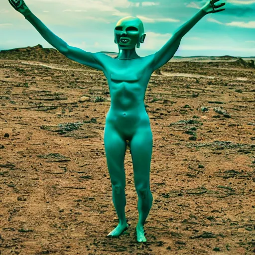 Image similar to teal green cyan arcturian annunaki andromedan martian telosian alien humanoid 5 5 mm photography footage slightly glowing, ominous