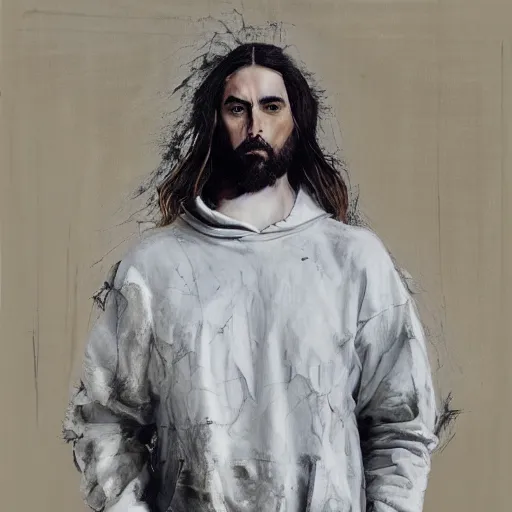 Image similar to a full body lookbook portrait of modern - day jesus wearing virgil abloh off - white menswear collection by nicola samori, hat and hoodie, detailed, oil painting, hyper - realistic, 8 k, off - white collection