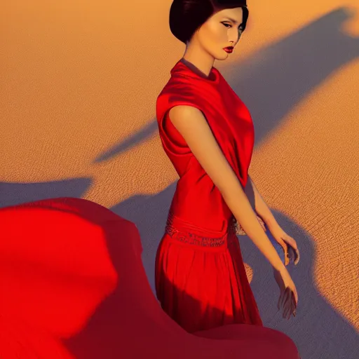 Image similar to innovative avant-garde art, deco fashion, asian women, wearing red, highly detailed, photorealistic portrait, serene desert setting, golden hour, crisp quality and light reflections, unreal engine 5 quality render