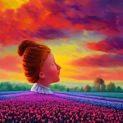 Image similar to giant tulip head dutch girl, surreal photography, flower field, sunset dramatic light, impressionist painting, colorful clouds, blue sky, digital painting, artstation, simon stalenhag