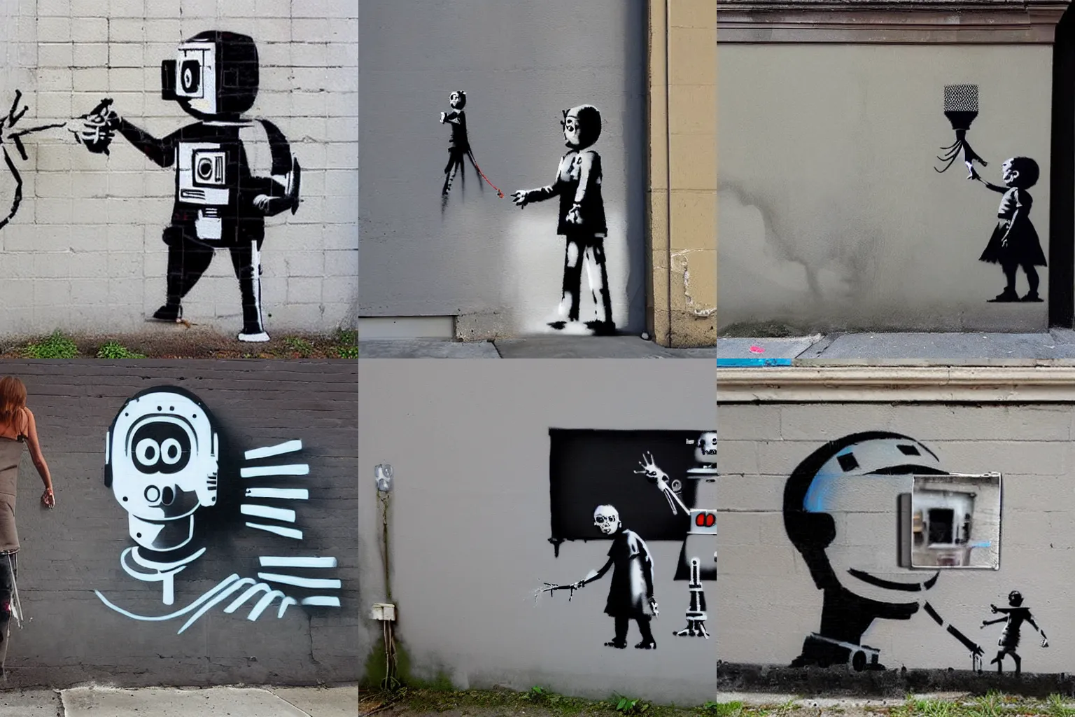 Prompt: Painting about artificial intelligence art on a wall by Banksy