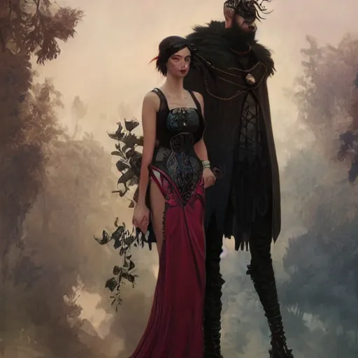 Image similar to a tall goth girl and a strong buff handsome man, family photo, cute, intricate, highly detailed, digital painting, artstation, concept art, smooth, sharp focus, illustration, unreal engine 5, 8 k, art by artgerm and greg rutkowski and alphonse mucha