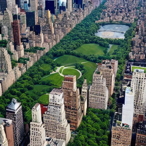 Prompt: central park in new york city is converted into an amusement park, aerial view