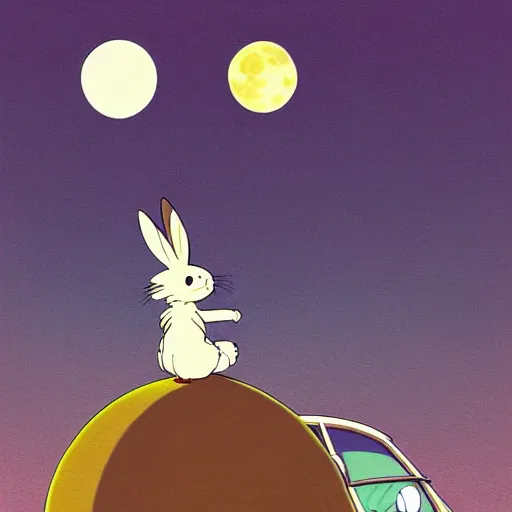 Image similar to a study of cell shaded cartoon mega bunny from howl's moving castle ( 2 0 0 4 ) on a desert road, in front of a big moon, full body, wide shot, very muted colors, post grunge, studio ghibli, laurie greasley, highly detailed, deviantart, art by artgem