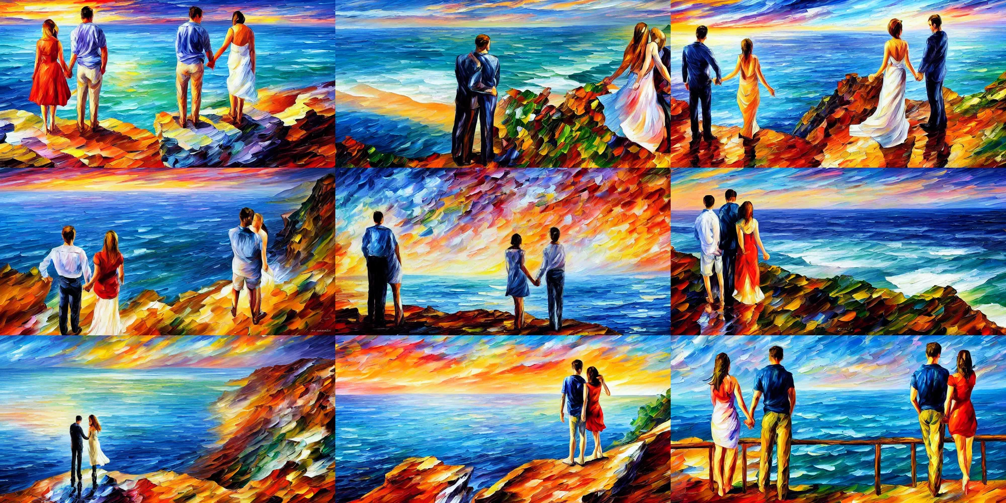 Prompt: a man and woman holding hands while standing on the edge of a cliff, over - looking the ocean. palette knife oil painting on canvas by leonid afremov.