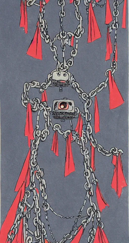 Prompt: a robot hanging by chains upside down peacefully, beautiful Coloured Japanese ink painting inspired by the hanged man tarot card, sharp lines