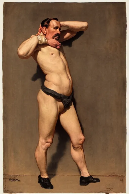 Prompt: body portrait of Tom of Finland, colour painting by norman rockwell, guidi prime background by carl spitzweg