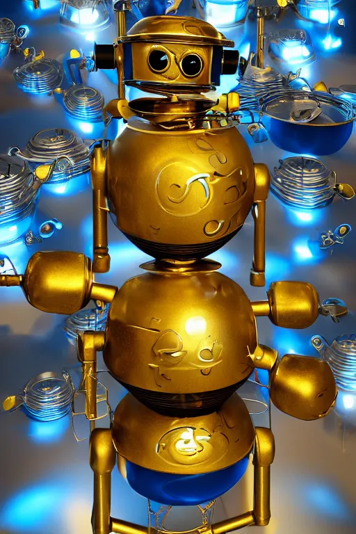 Image similar to portrait photo of a giant golden and blue metal steampunk kitchen robot cook chef with pots and pans and tubes, wearing a big chef hat, eyes are green lights, shiny crisp finish, 3 d render, 8 k, insaneley detailed, fluorescent colors, background is multicolored lasershow