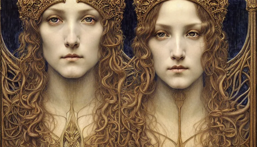 Image similar to detailed realistic beautiful young medieval queen face portrait by jean delville, gustave dore and marco mazzoni, art nouveau, symbolist, visionary, gothic, pre - raphaelite. horizontal symmetry