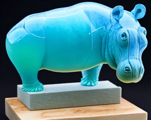 Image similar to a sculpture of hippo baby, half wood carved half blue translucid resin epoxy, cubic blocks, side view centered, mixmedia, transparent,