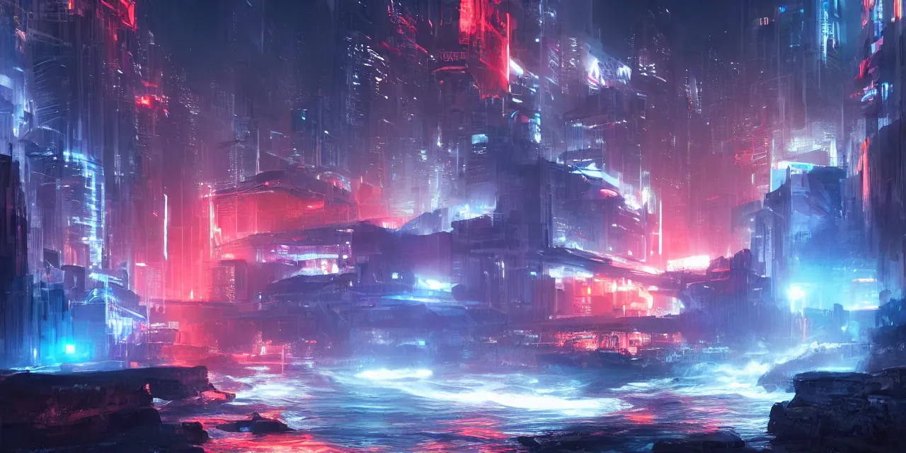 Image similar to turbulent river rapids rushing through a futuristic city at night , volumetric lighting, blue and red glowing lights, 4k, octane, digital painting, artstation, concept art, sharp focus, illustration, high contrast, high saturation , cinematic film still, by artgerm and greg rutkowski