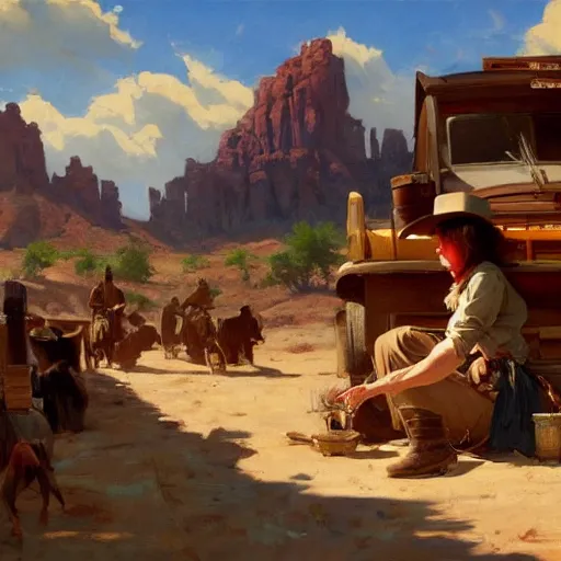 Image similar to greg manchess painting of a wild west town landscape in the year 1 8 5 0, painting, trending on artstation, by huang guangjian and gil elvgren and sachin teng