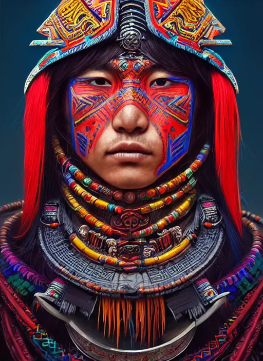 Image similar to portrait of yang yang, hyper detailed ultra sharp aztec shaman warrior. trending on artstation, warpaint aesthetic, bloodwave, colorful, psychedelic, ornate, intricate, digital painting, concept art, smooth, sharp focus, illustration, art by artgerm and greg rutkowski and h. r. giger, 8 k