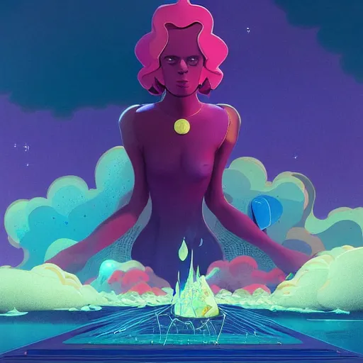 Prompt: steven universe, colourful breathtakingly weird beautiful powerful magical wonderfully majestic beautifully quirky incredibly cool character by michael whelan, moebius, beeple, dan mcpharlin, pascal blanche, symmetrical, serene expression, magical stormy reflections, smoke on water, sat down, 8 k artstation