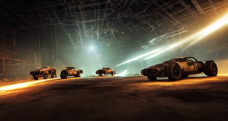Image similar to macro closeup photo of halo warthogs being chased in a post apocalyptic warehouse factory at night, smoke, dust, embers, mad max, action, rocket league, volumetric lighting, hdr, need for speed, gta 5, ridley scott, syd mead, craig mullins, cinematic, octane
