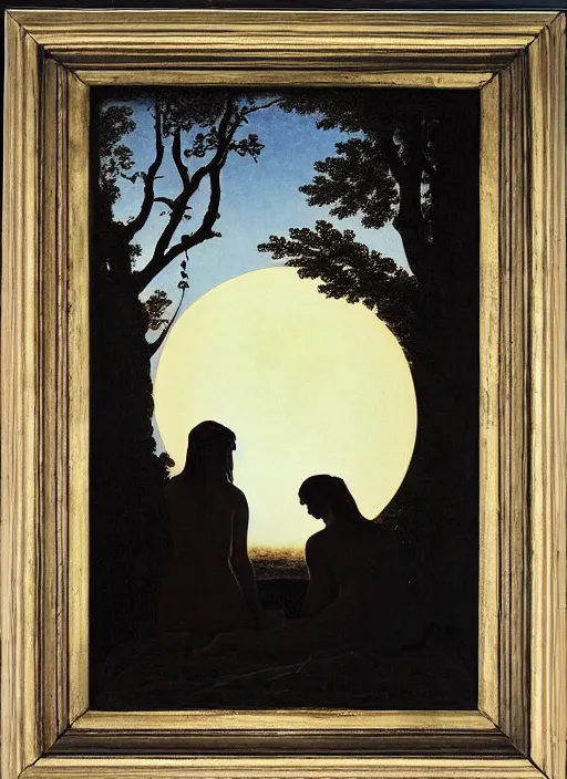 Image similar to three backlit silhouettes of ancient greek venus observing an eclipse at dusk, painted by caspar david friedrich