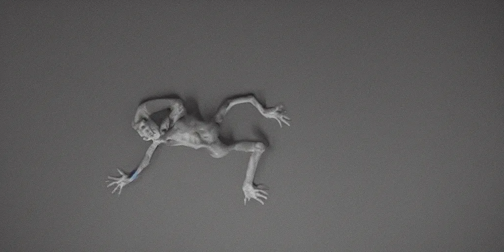 Prompt: a human-like creature crawling on the ceiling on a dark room, night vision, 240P