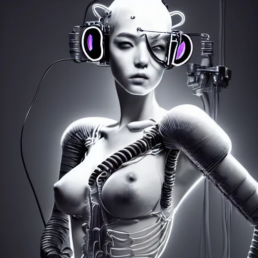 Image similar to the portrait of an absurdly beautiful, graceful, sophisticated, fashionable cyberpunk gynoid gravure idol, an ultrafine hyperdetailed illustration by kim jung gi, irakli nadar, intricate linework, neon wiring, porcelain skin, unreal engine 5 highly rendered, global illumination, radiant light, detailed and intricate environment