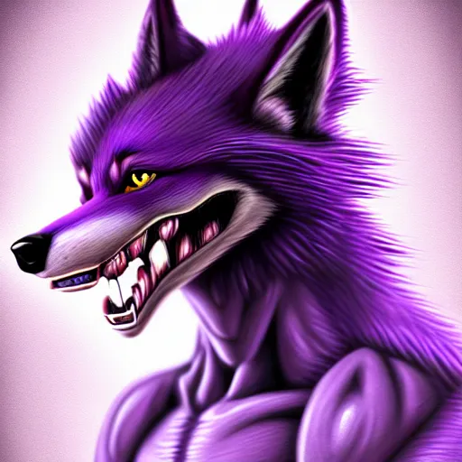 Image similar to digital painting of an anthropomorphic muscular purple wolf, furry style, wearing jeans, deviant art, fursona, professional furry drawing, insanely detailed, hyper detailed wolf - like face, doing a pose from jojo's bizarre adventure, detailed veiny muscles, exaggerated features, beautiful shading, huge spikey teeth, grinning, colorful background