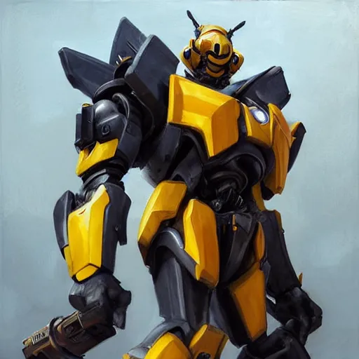 Image similar to greg manchess portrait painting of bumblebee the transformer as overwatch character, medium shot, asymmetrical, profile picture, organic painting, sunny day, matte painting, bold shapes, hard edges, street art, trending on artstation, by huang guangjian, gil elvgren, ruan jia, greg rutkowski, gaston bussiere