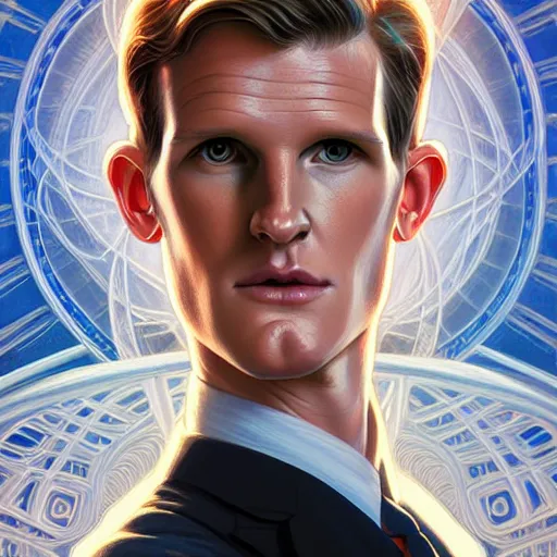 Image similar to symmetry portrait of matt smith, intricate, elegant, highly detailed, digital painting, artstation, concept art, smooth, sharp focus, illustration, art by artgerm and greg rutkowski and alphonse mucha